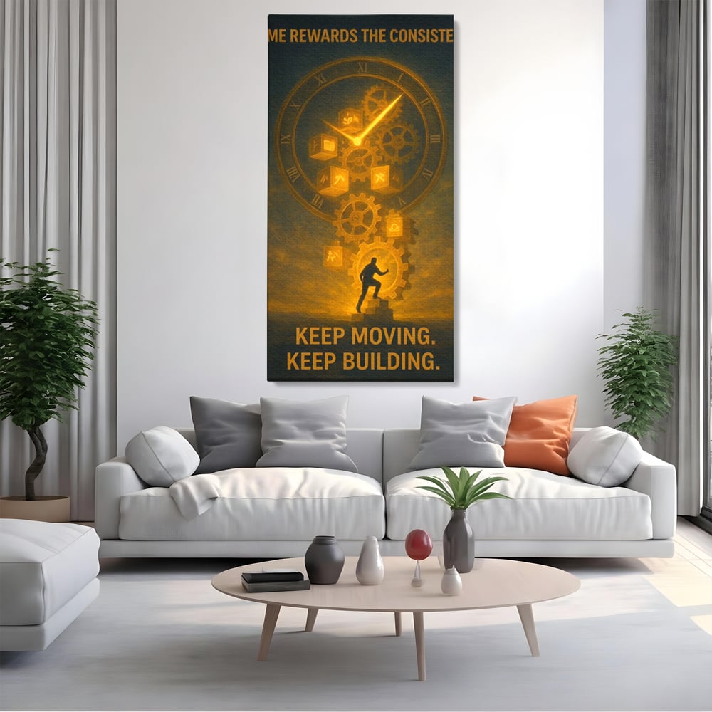 Tablou canvas cu ilustratie motivationala cu ceas si angrenaje, fara rama, pe sasiu de lemn, pe perete intr-un living